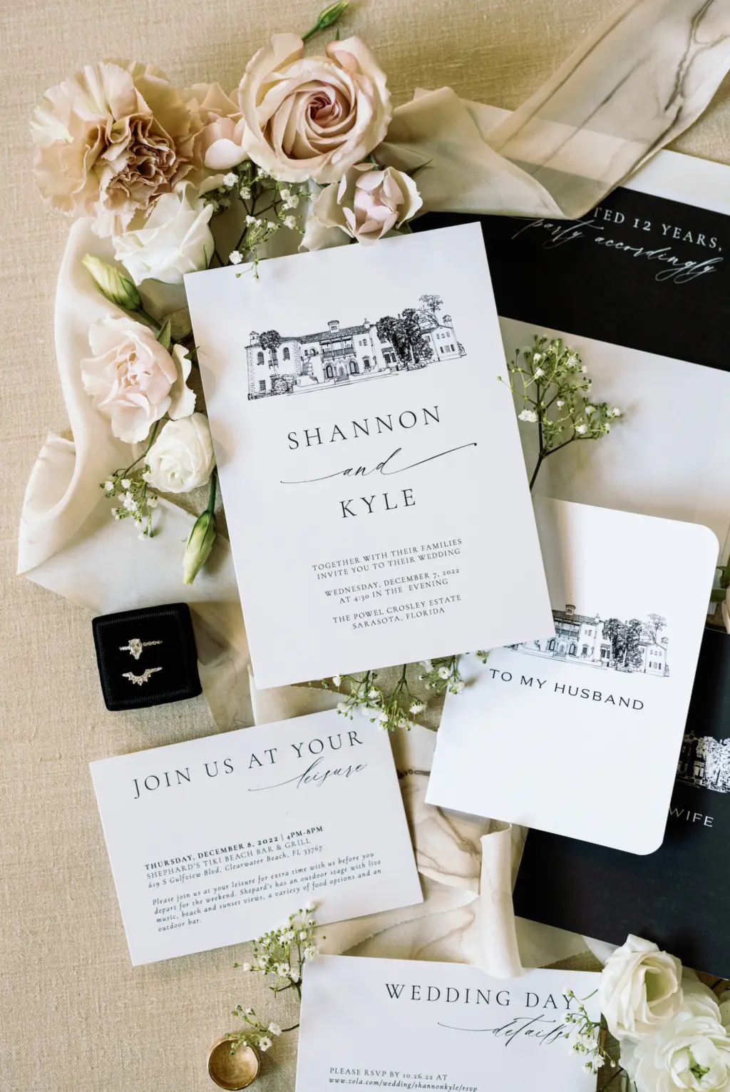 Classic Black and White Wedding Invitation Suite with Custom Powel Crosley Venue Drawing