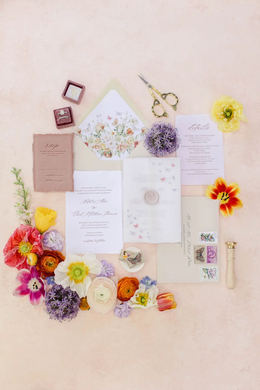 Whimsical Spring Butterfly White Stationery Deckle Edge Wedding S Suite Flat Lay Ideas | Tampa Bay Printing Studio A&P Designs | Watercolor Floral Print Envelope Liner | Wedding Invitation with Vellum Wrap and Wax Seal