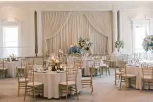 Dusty Blue, White, and Gold Wedding Reception Decor Ideas | Gold Chiavari Chairs | Tampa Bay Rental Company Gabro Event Services | St Petersburg Venue The Vinoy