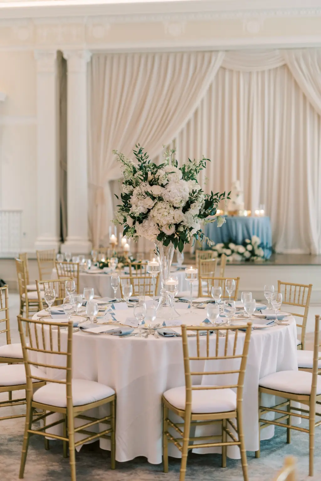 Dusty Blue, White, and Gold Wedding Reception Decor Ideas | Gold Chiavari Chairs | Tampa Bay Rental Company Gabro Event Services