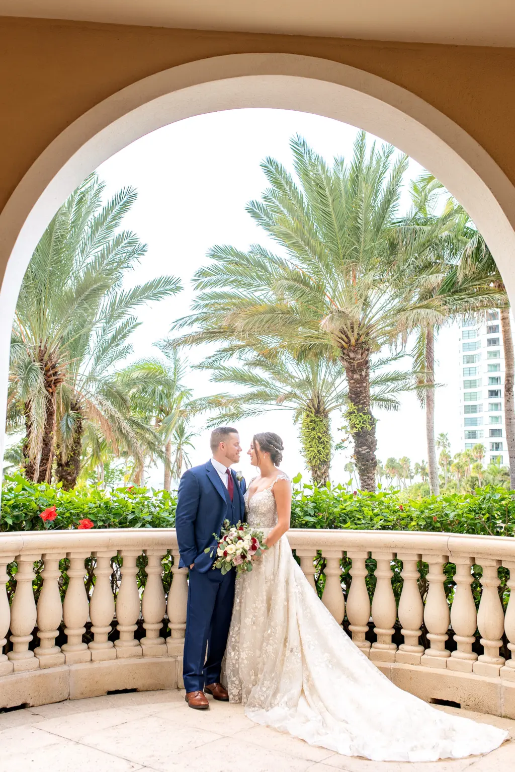 Bride and Groom Florida Hotel Wedding Venue Ritz Carlton Sarasota | Isabella Tayla Wedding Dress Gown | Planner Special Moments Event Planning