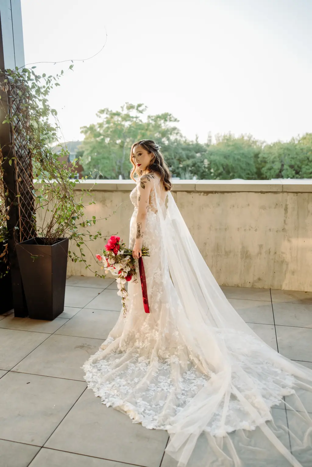 Nude and White Lace Floral Applique Madi Lane-Dahla Wedding Dress Inspiration | Waterfall Veil Cape Ideas