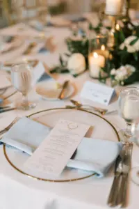 Pastel Blue and Gold Wedding Reception Table Setting Ideas with Menu Card