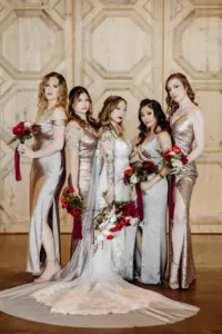 Neutral Satin and Gold Sequin Bridesmaids Wedding Dress Ideas