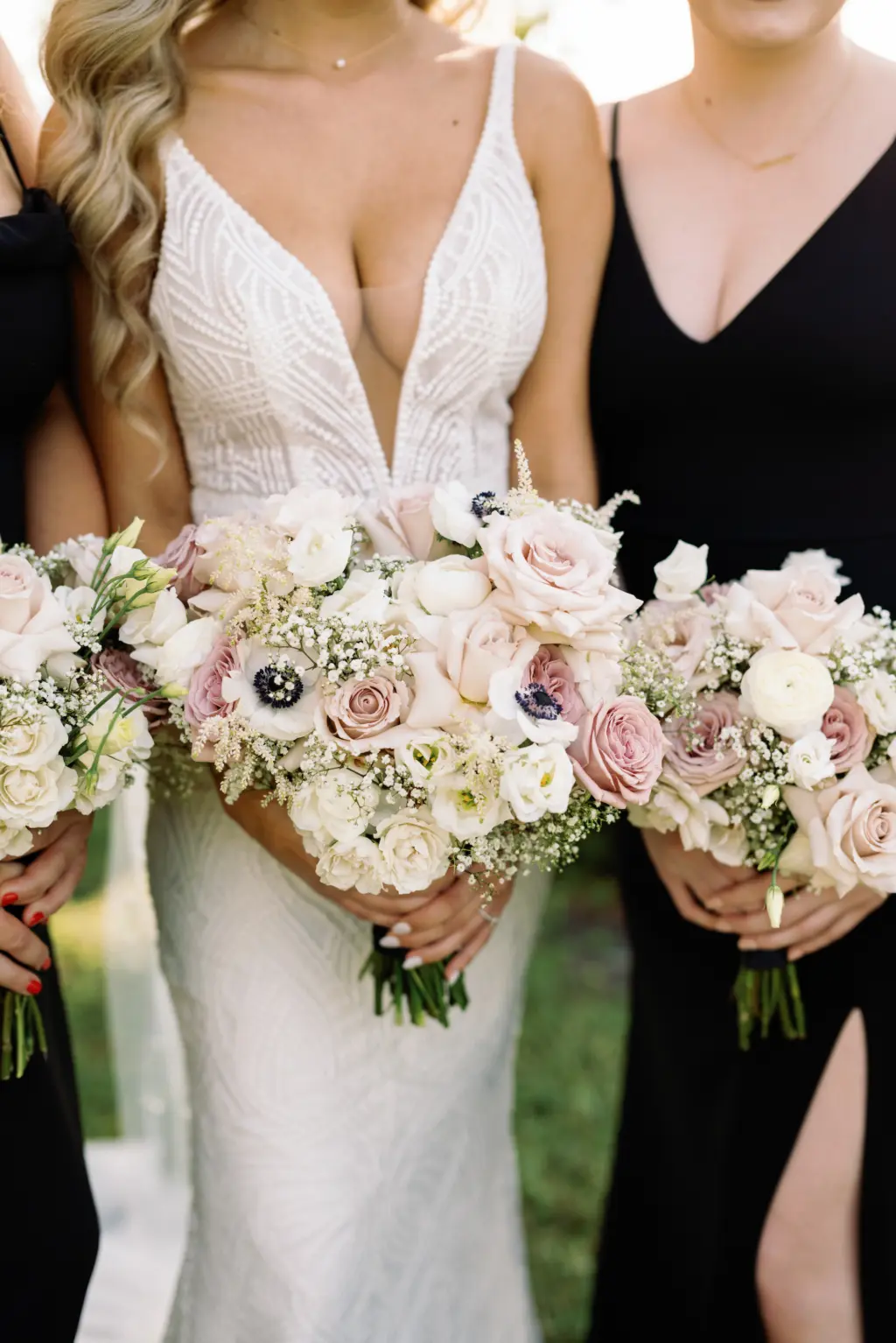 Pink Roses, White Anemones, and Baby's Breath Bridal Wedding Bouquet Inspiration