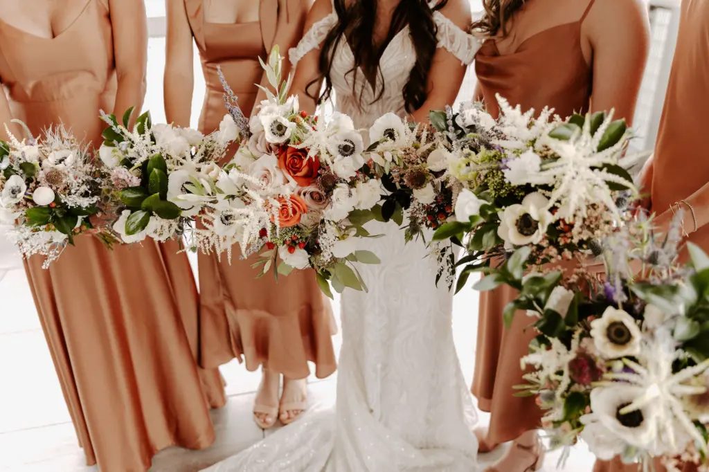 Boho Wedding Bouquets with White Anemones, Orange Roses, Ferns, and Greenery Fall Inspiration