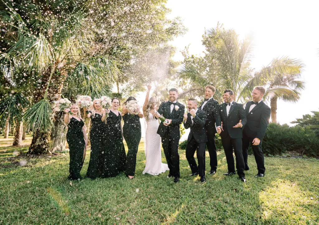 Wedding Party Champagne Celebration | Black Bridesmaid Dress Inspiration | Sarasota Photographer Dewitt for Love Photography