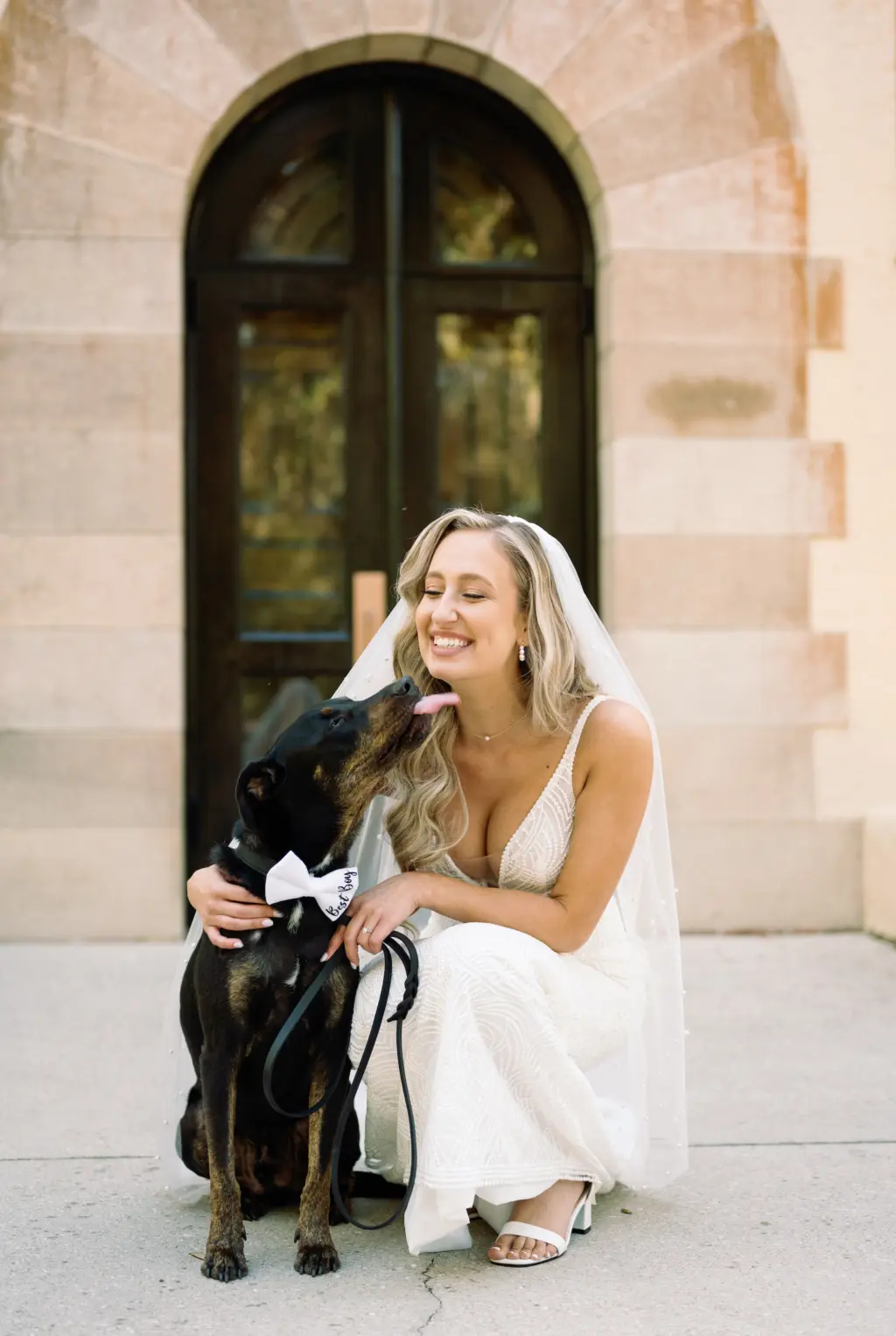 Bride with Dog Wedding Portrait | Best Boy Bowtie for Dogs in Weddings Inspiration | Sarasota Photographer Dewitt for Love Photography