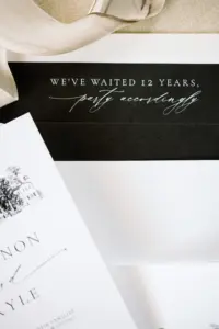 Modern Classic Black and White "We've Waited 12 Years, Party Accordingly" Wedding Invitation Envelope Inspiration