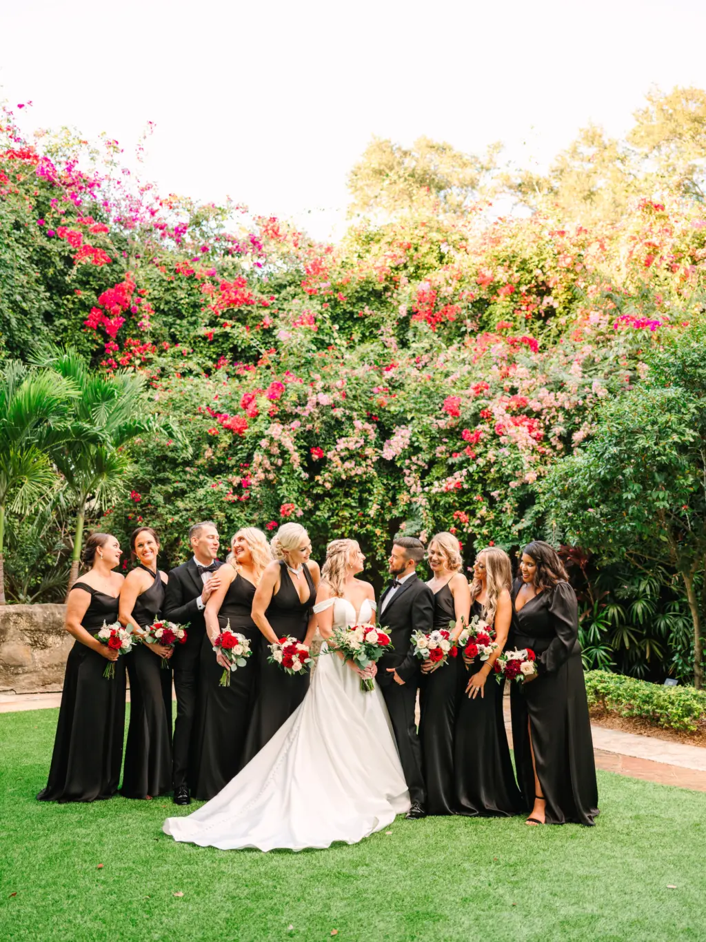 Bride with Bridal Party Wedding Portrait | Black Dresses and Tuxedo Ideas | Tampa Bay Hair and Makeup Artist Hair Makeup Femme Akoi Beauty Studio