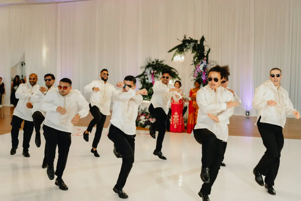 Groomsmen Flash Mob Dance on White Acrylic Dance Floor Wedding Portrait