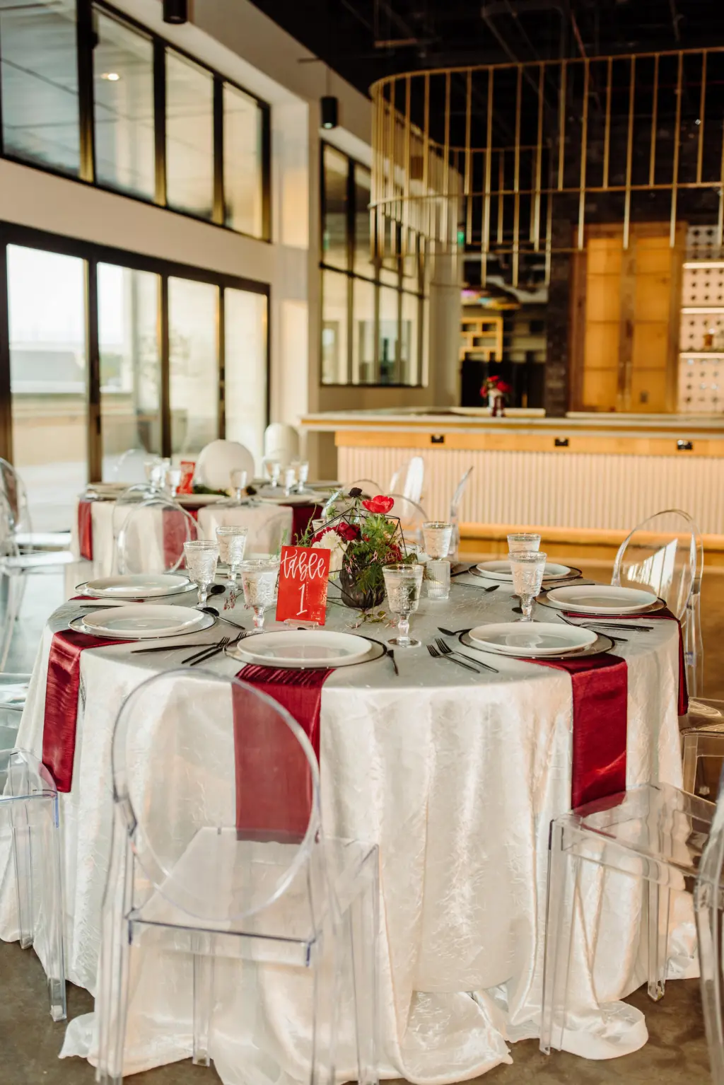 White and Red Wedding Reception Ideas | Clear Acrylic Ghost Chairs Seating Inspiration for Modern Asian Wedding | Tampa Bay Kate Ryan Event Rentals