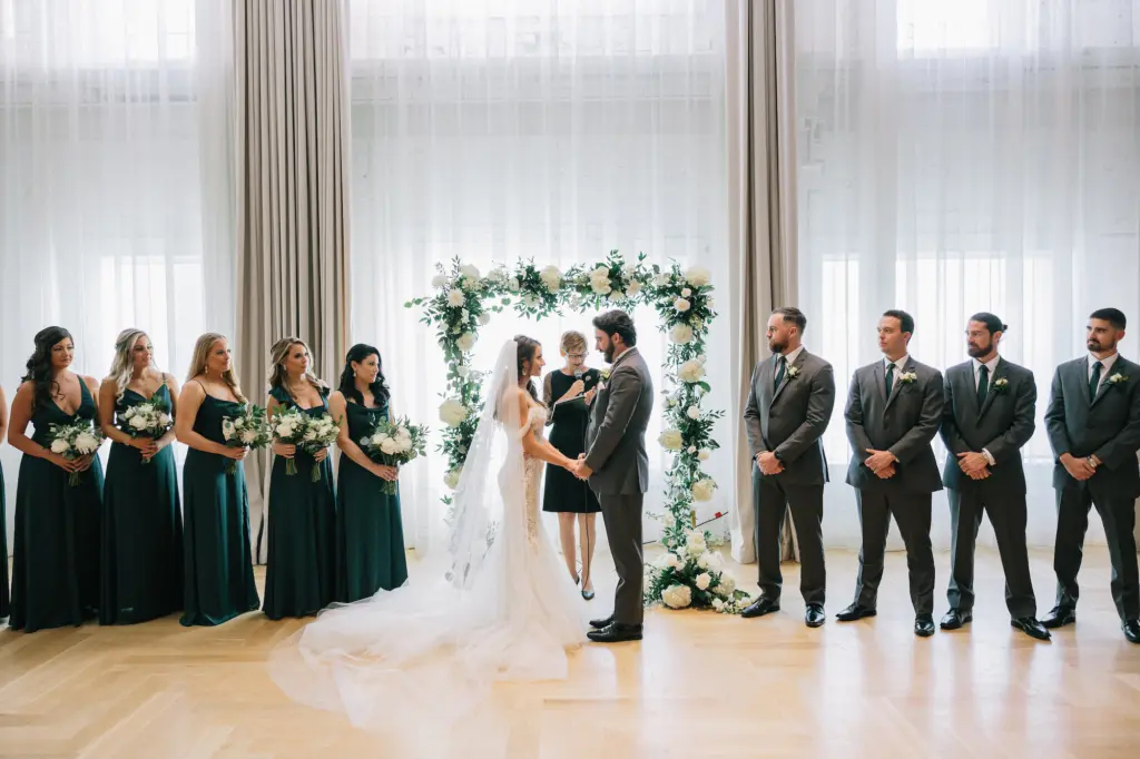 Bride and Groom Exchange Vows in Romantic White Gold and Greenery Wedding Ceremony | Tampa Wedding Officiant A Wedding with Grace | Venue Hotel Haya