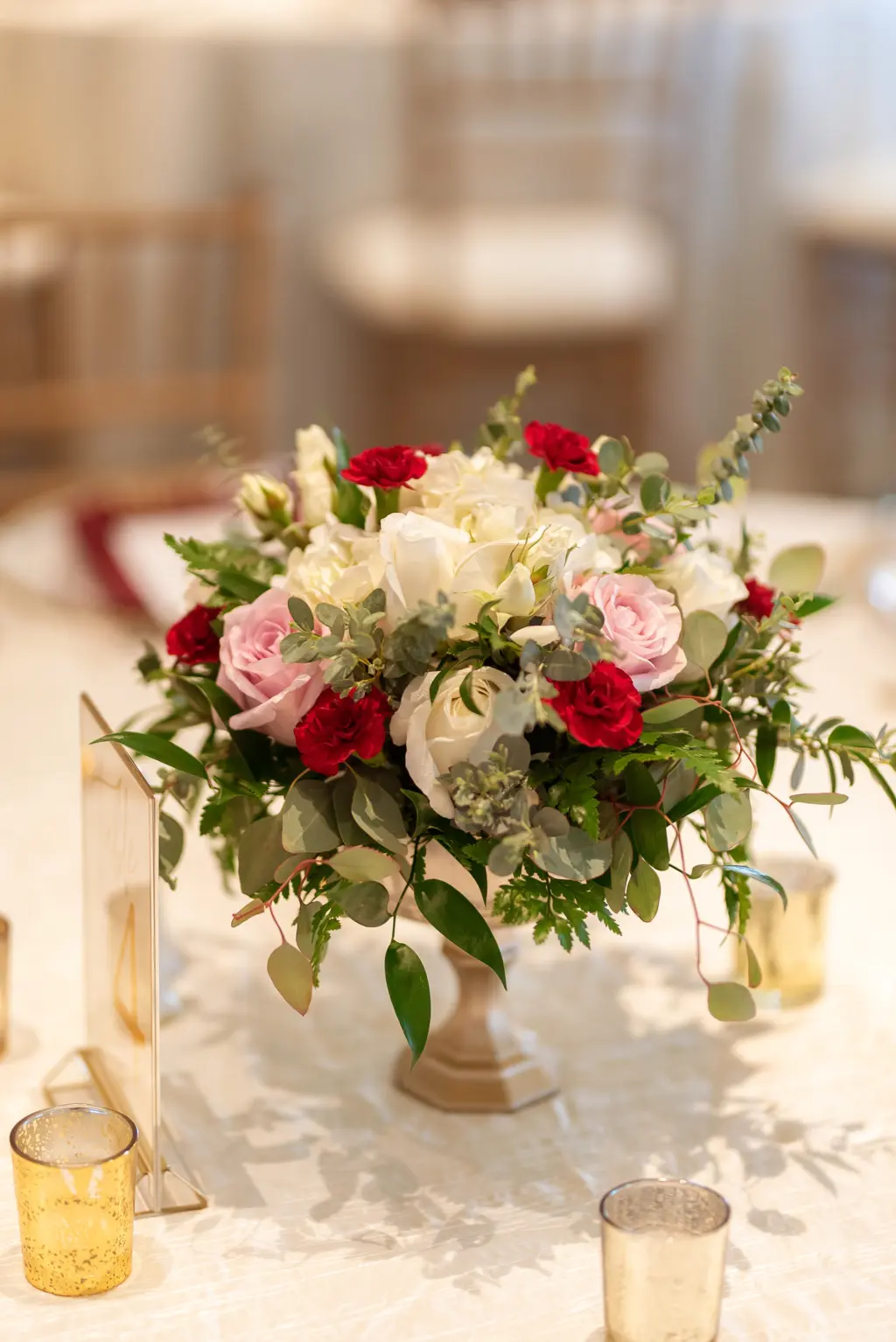 Elegant Fall Burgundy Carnations with Pink and White Roses and Greenery Wedding Reception Centerpiece Decor Inspiration