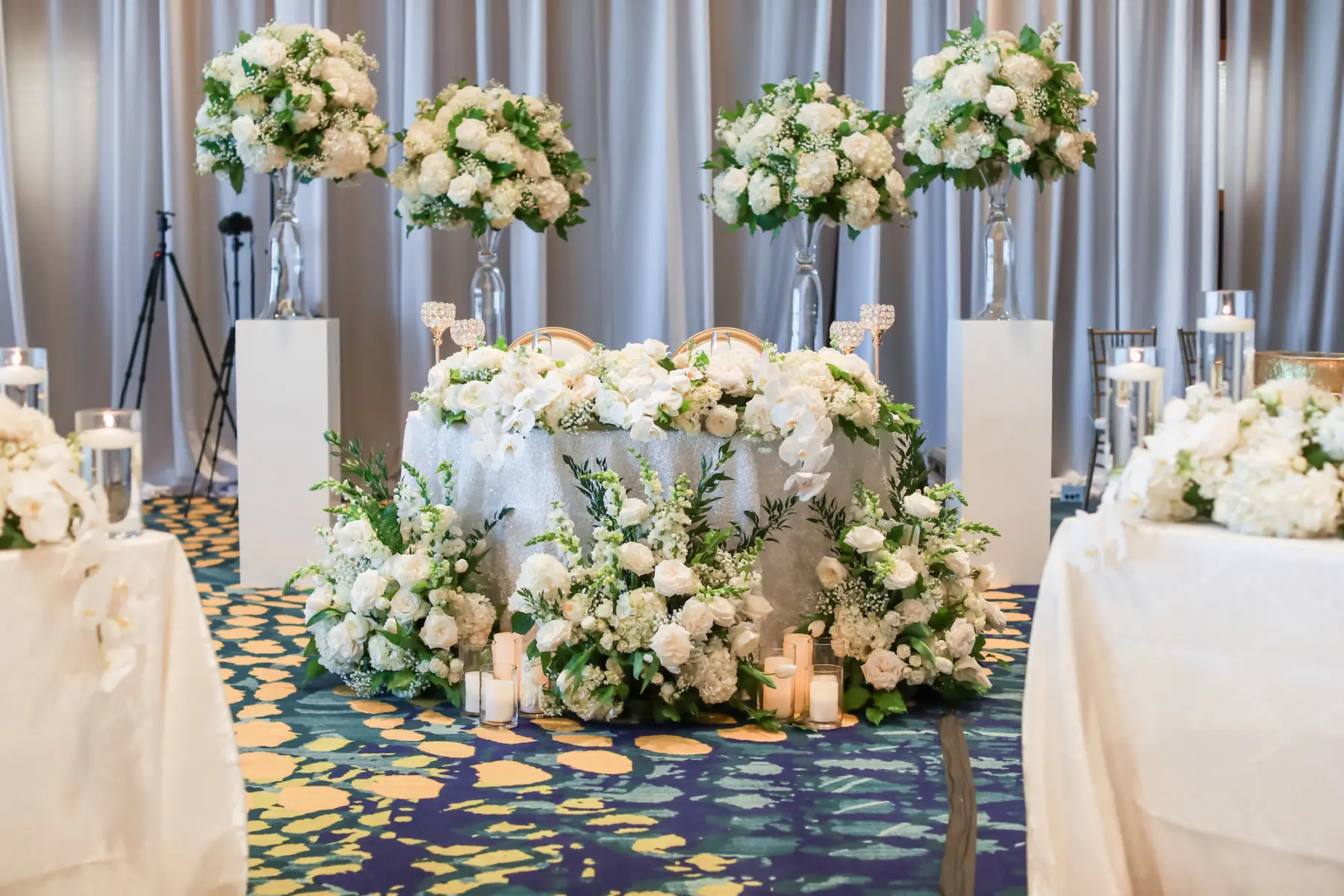 Elegant Monochromatic White and Gold Ballroom Wedding Reception Sweetheart Table Ideas | White Rose, Hydrangea, and Greenery Decor Inspiration | Gold Chiavari Chairs | Tampa Bay Outside Of The Box Rentals | Clearwater Event Planner Breezin Weddings