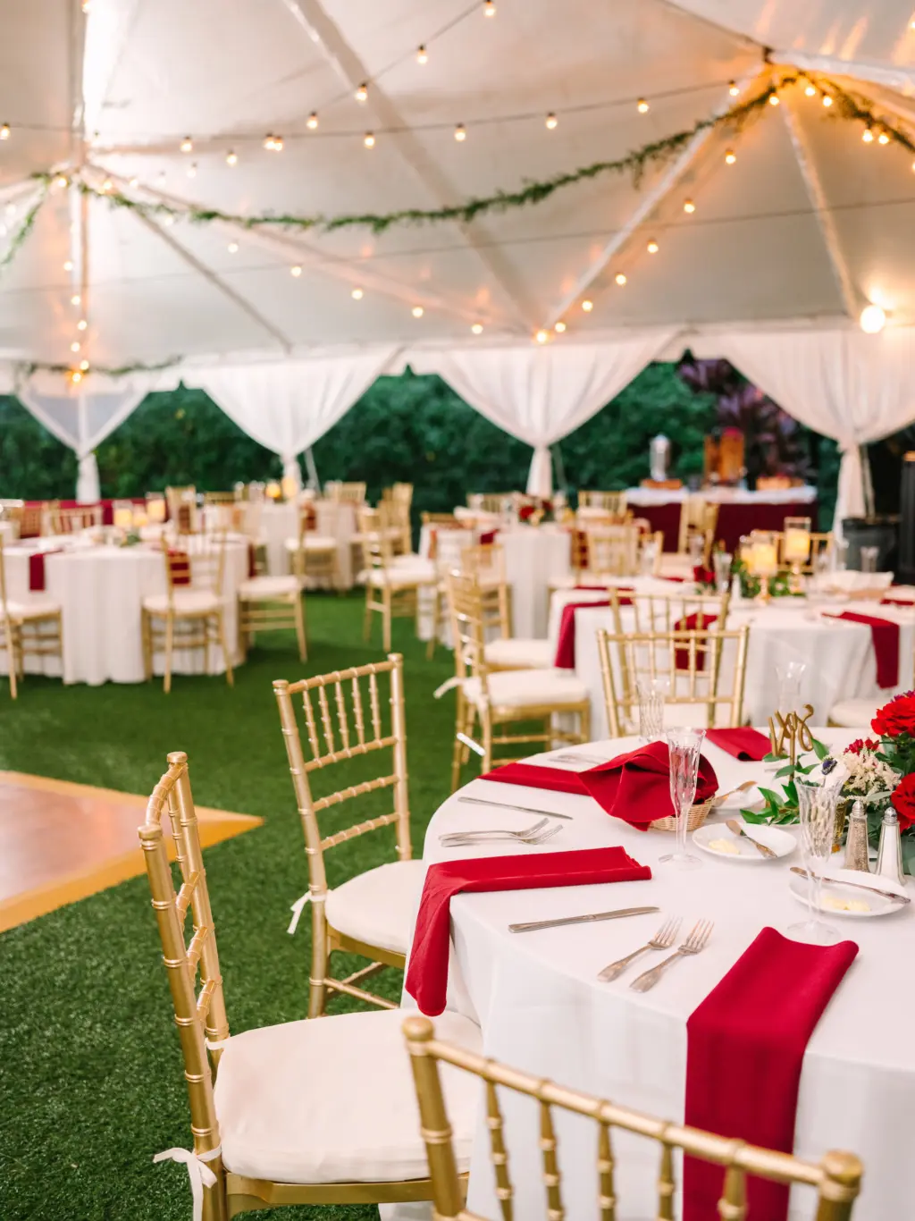 Red and White Tented Christmas Inspired Wedding Reception Decor Ideas | Downtown St. Petersburg Florida Event Venue Sunken Gardens