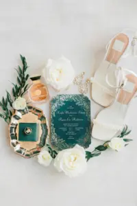 Romantic Emerald Gatsby Inspired Wedding Stationary with Emerald Green Ring Box and White Open Toed Dolce Vita Sandal Heel Wedding Shoes