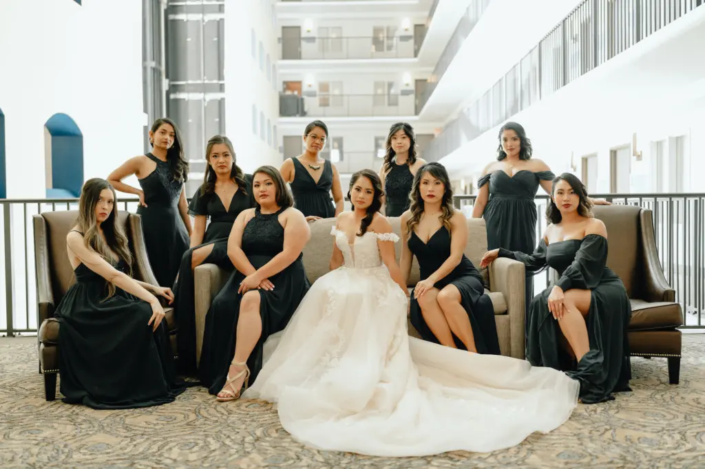 Bride and Bridesmaids Wedding Portrait | Bridesmaids Dresses in Emerald Green Floor Length Mix and Match Styles from Lulus | Tampa Hair and Makeup Femme Akoi