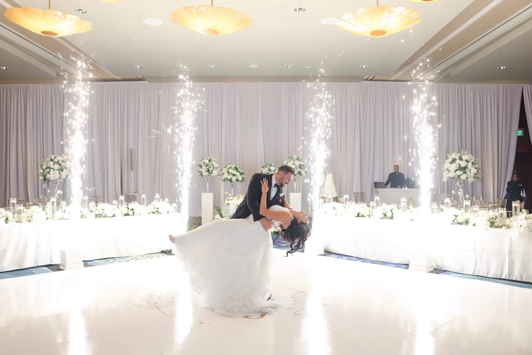 Bride and Groom First Dance Cold Spark Machine Wedding Portrait | Photographer Lifelong Photography Studio | Clearwater Event Planner Breezin Weddings | Venue Opal Sands