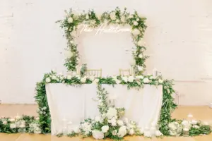 Romantic White Gold and Greenery Sweetheart Table with White Linens Wedding Inspiration | Tampa Rentals Kate Ryan Event Rentals | Planner Eventfull Weddings | Venue Hotel Haya