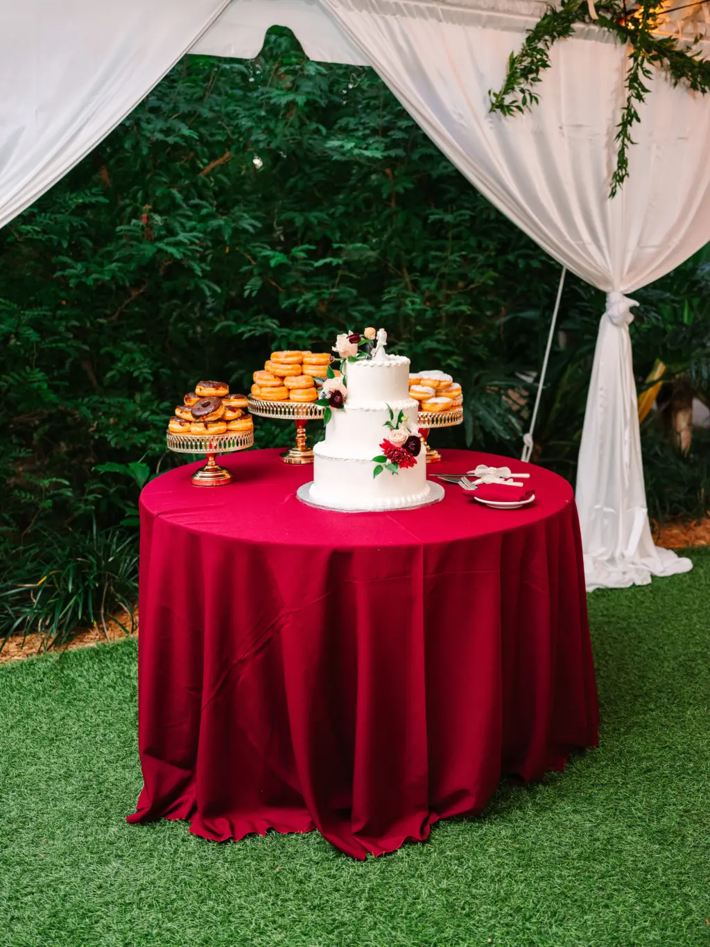 Three Tiered Round White Buttercream Cake with Red Rose Accents | Wedding Reception Cake and Donut Table Inspiration