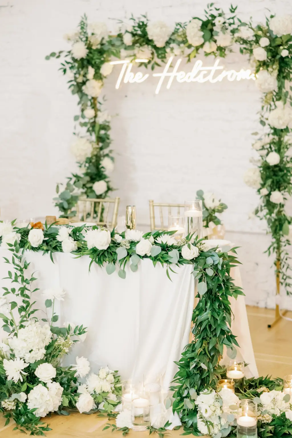 Romantic White Gold and Greenery Sweetheart Table with White Linens Wedding Inspiration | Tampa Rentals Kate Ryan Event Rentals | Planner Eventfull Weddings