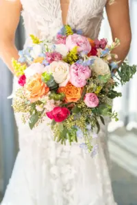 Colorful Spring Pink, Orange, and Cream Bridal Bouquet with Greenery Wedding Flowers