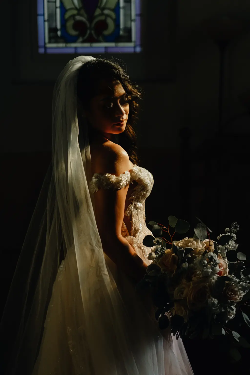 Dark and Moody Bridal Portrait with Cathedral Veil and Floral Bouquet with Off the Shoulder Wedding Dress | Tampa Hair and Makeup Femme Akoi | Photographer J&S Media