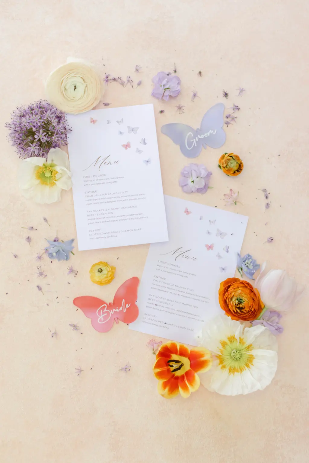 Whimsical Spring Pastel Butterfly White Raw Edge Wedding Invitation Suite Flat Lay Ideas | Tampa Bay Printing Studio A&P Designs