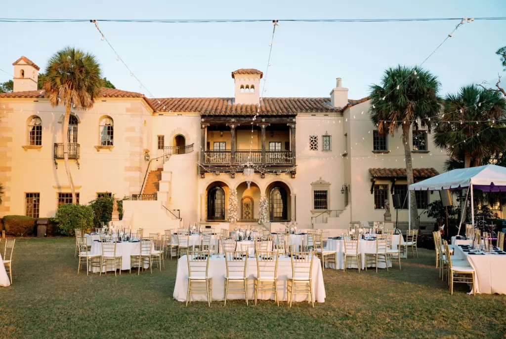 Timeless Black, White and Gold Outdoor Waterfront Wedding Reception | Sarasota Private Mansion Venue Powel Crosley Estate