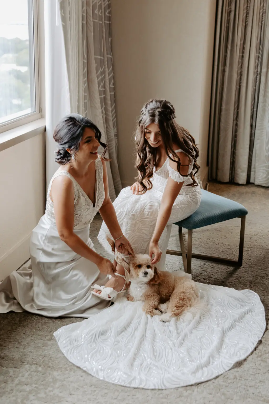 Bride Getting Ready with Dog Wedding Portrait