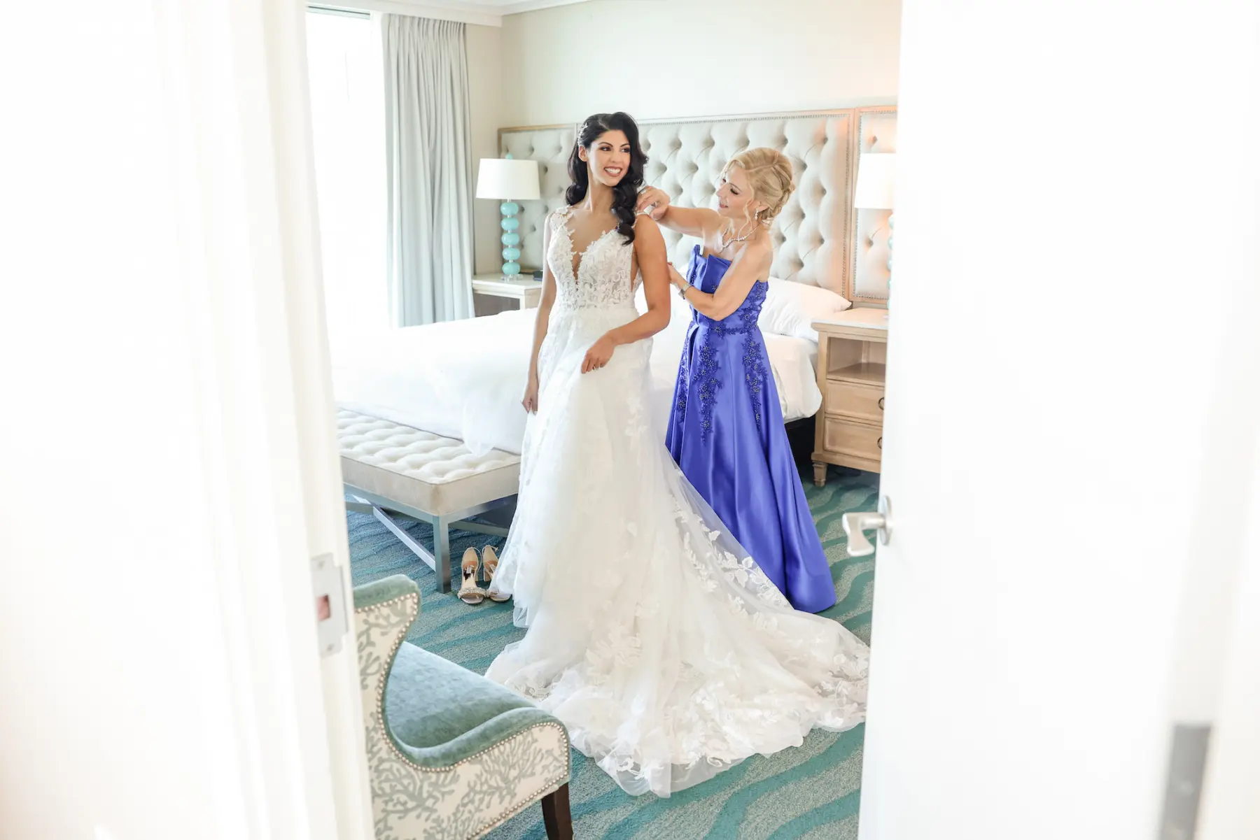 Bride Getting Ready Wedding Portrait | Ivory Lace and Tulle A-Line Lilian West Wedding Dress Ideas | Blue Strapless Mother of the Bride Dress Inspiration