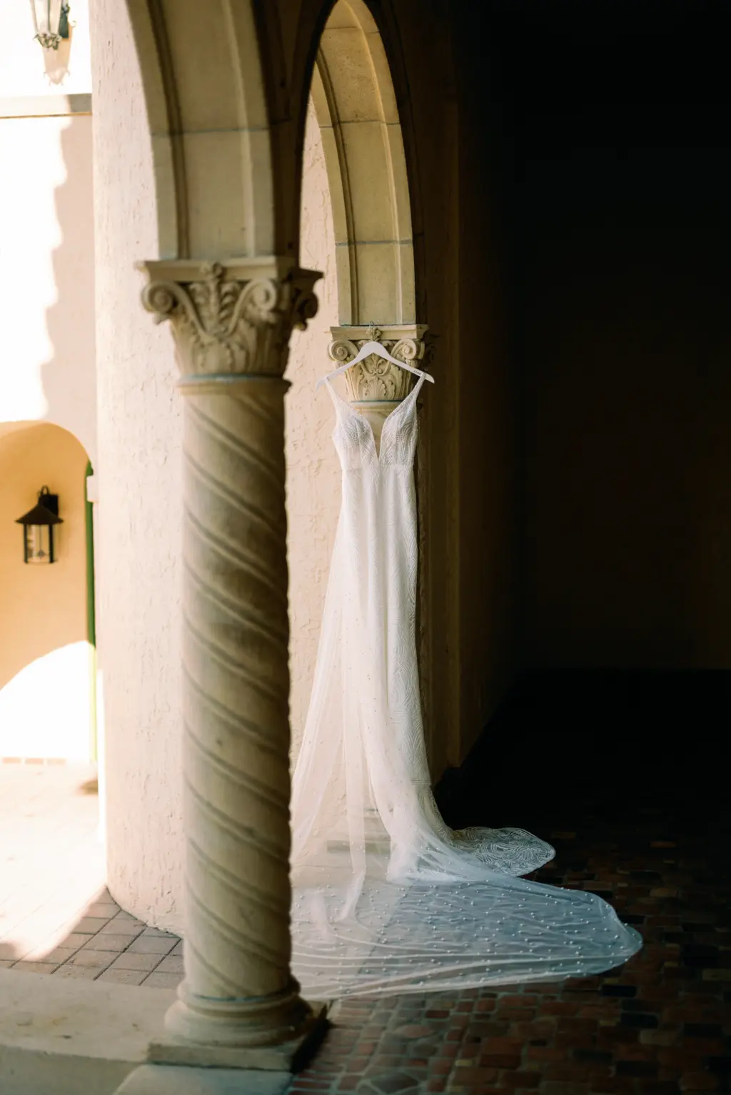 White Beaded Fit and Flare Made With Love Bridal Wedding Dress with Deep V-Neckline | Pearl Chapel Length Veil Inspiration