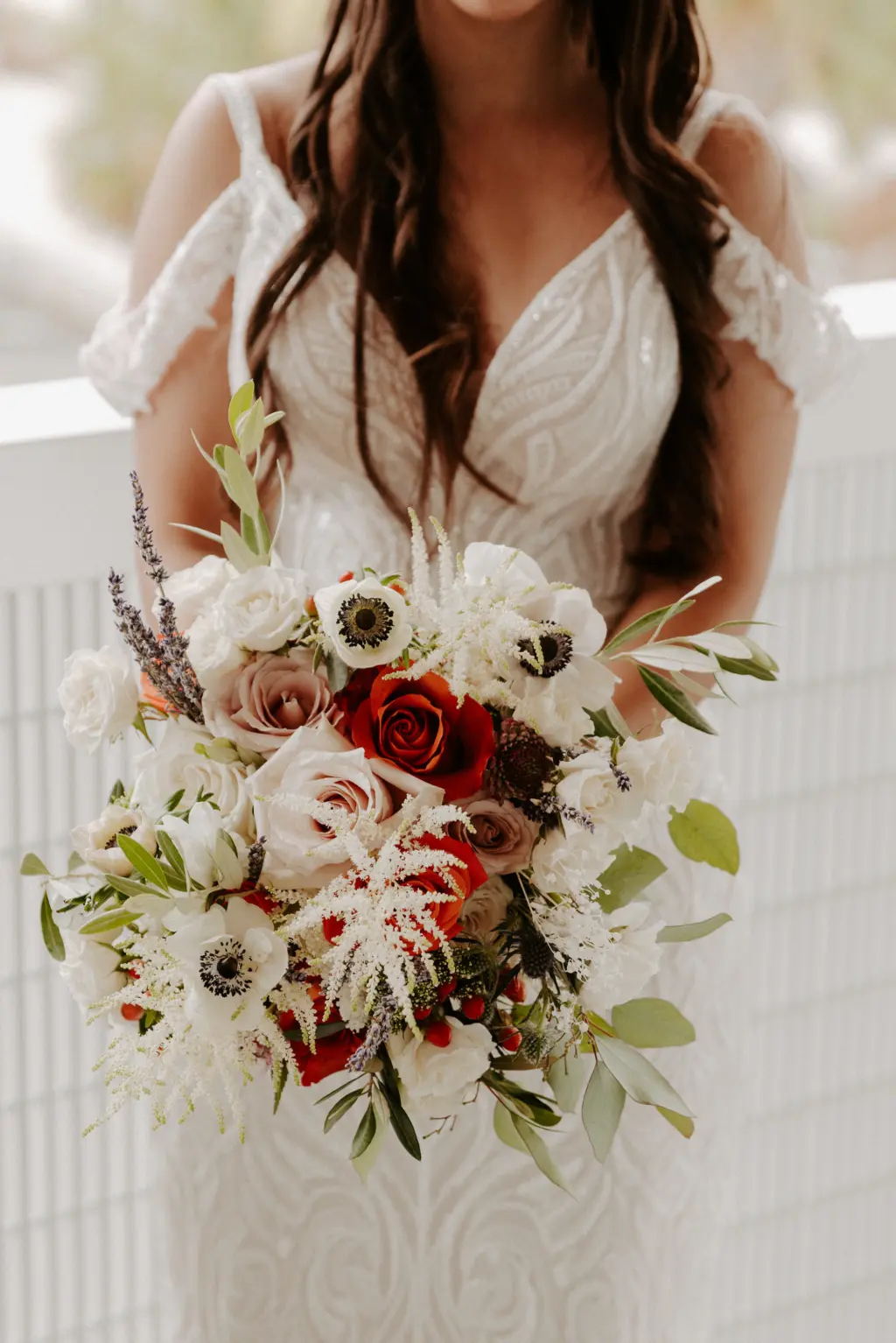 Boho Wedding Bouquet With Pink and Orange Roses, White Ferns, Anemones, and Greenery Ideas