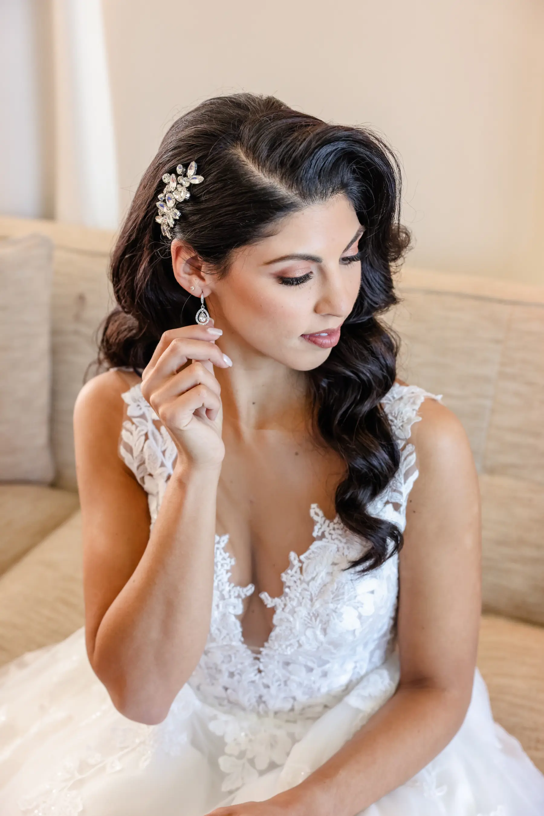 Bridal Hollywood Curl Wedding Hair with Crystal Hairpin and Elegant Makeup Inspiration | Clearwater Hair and Makeup Artist Femme Akoi Beauty Studio