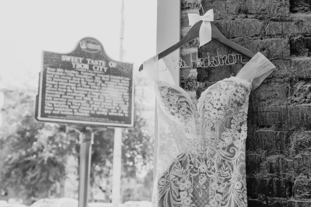 Blue by Enzoani Wedding Dress Hanging Portrait | Tampa Wedding Venue Hotel Haya in Ybor