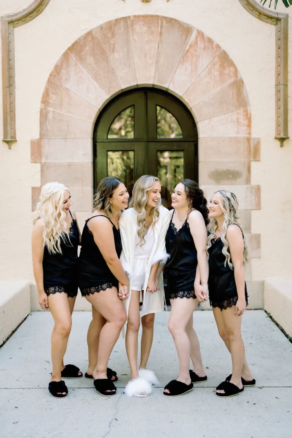 Bride and Bridesmaids Getting Ready Wedding Portrait | Black Lace and Satin Pajama Ideas