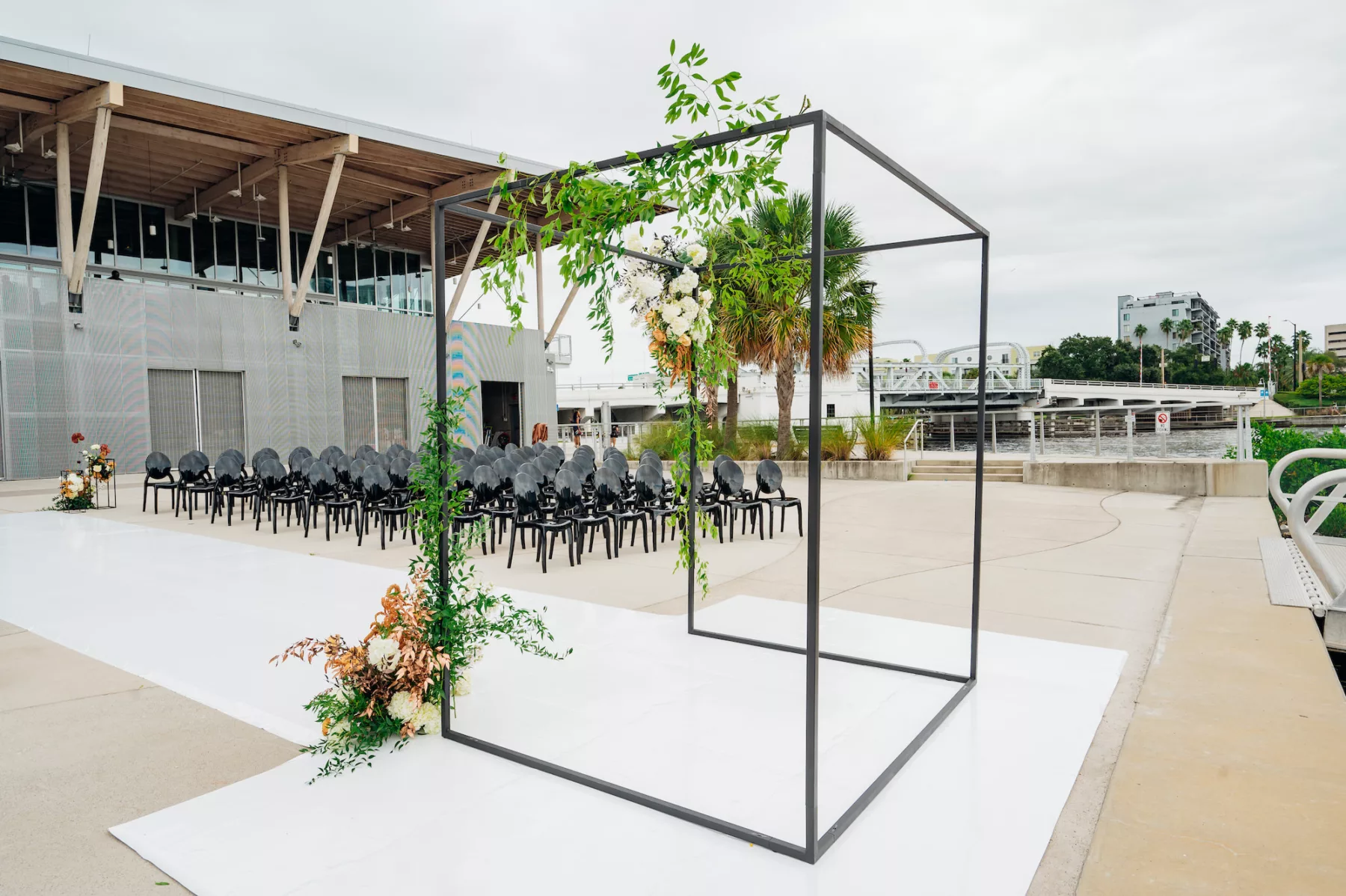 Modern Black Arbor and Chairs for Fall Wedding Ceremony Decor Ideas | Tampa Bay Rentals A Chair Affair
