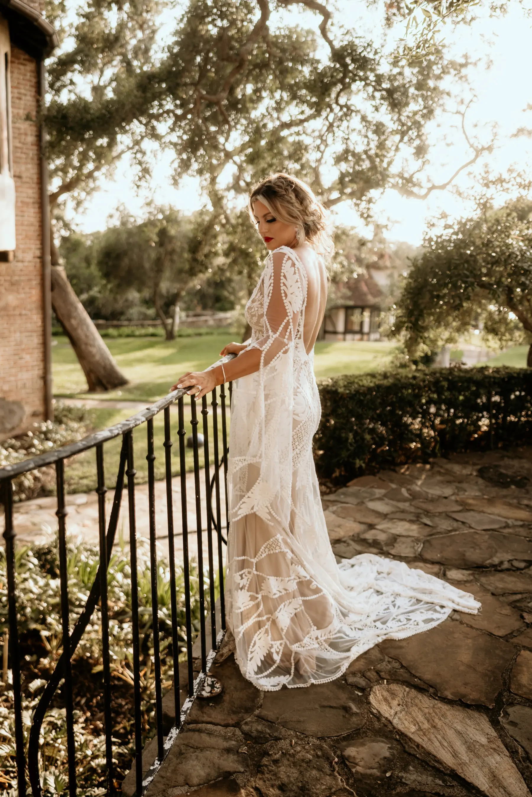 Nude and White Lace Boho Sheer Long Sleeve Fit and Flare RueDeSeine Wedding Dress Inspiration