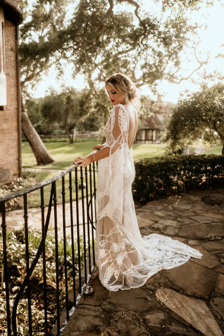 Nude and White Lace Boho Sheer Long Sleeve Fit and Flare RueDeSeine Wedding Dress Inspiration