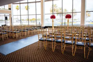 Black and Red Gatsby 1920s Theater Inspired Wedding Ceremony with Gold Chairs an Red Roses Inspiration | Rentals A Chair Affair | Downtown St. Petersburg Florida Event Venue Mahaffey Theatre
