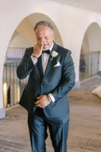 Father of the Bride Sees Bride for the First Time in First Look Wedding Portrait