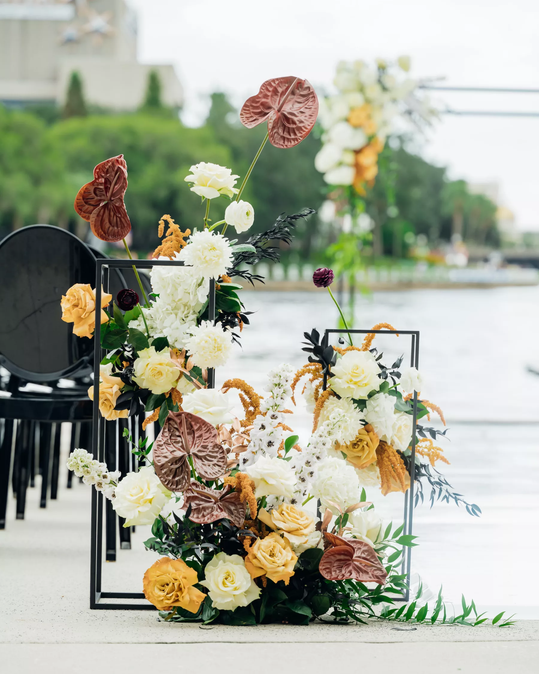 Fall Wedding Ceremony Aisle Decor Inspiration | Orange and White Roses, Anemone, Red Anthurium, Chrysanthemum, and Greenery