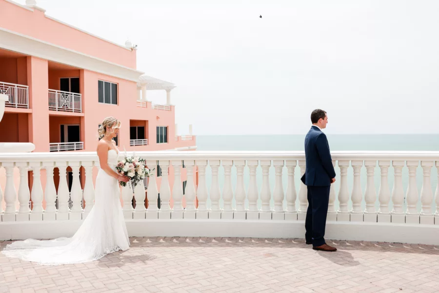 Bride and Groom First Look Wedding Portrait | Tampa Bay Event Venue Hyatt Regency Clearwater Beach Resort and Spa