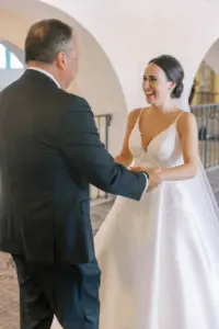 Father of the Bride Sees Bride for the First Time in First Look Wedding Portrait