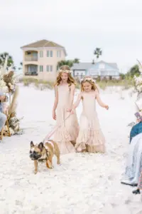 Boho Pink Flower Girls with Puppy Walking Down the Aisle Wedding Portrait