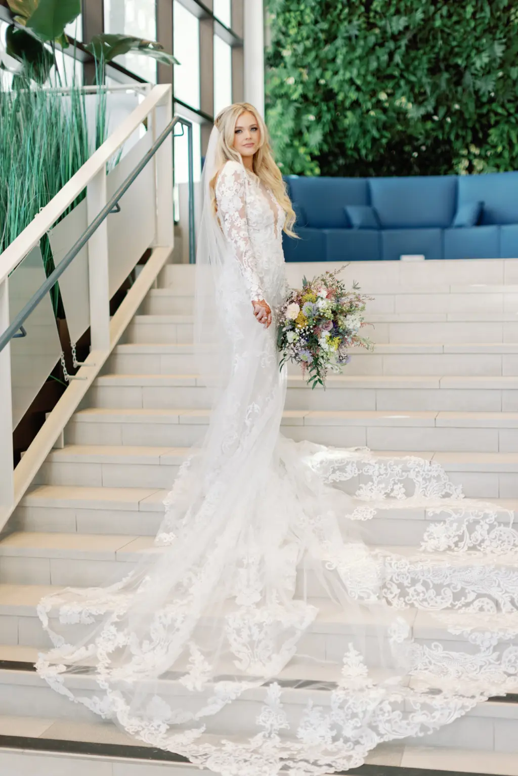 White Sheer Long-Sleeve Illusion Deep V-Neckline Pronovias Fit and Flare Wedding Dress Ideas | Cathedral Length Lace Veil Inspiration