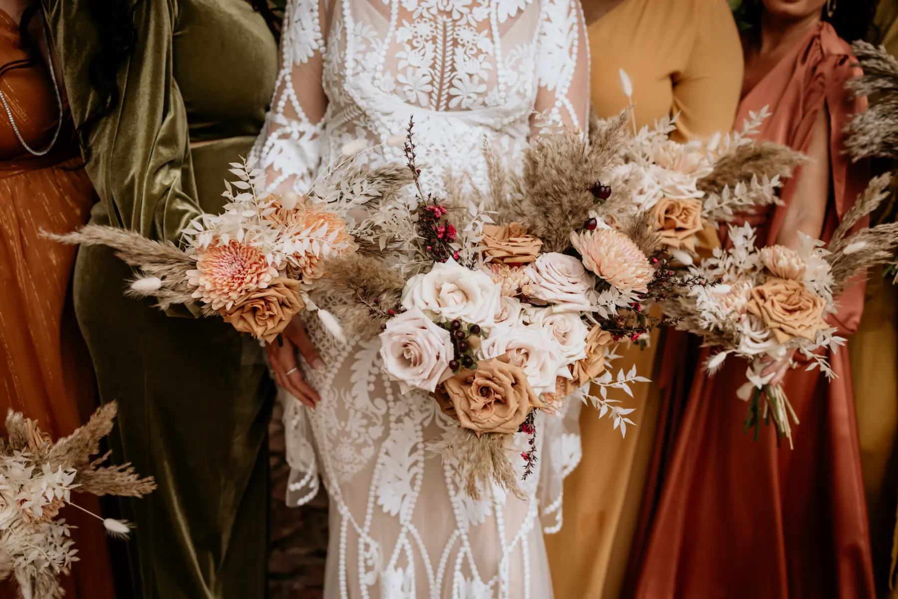 White Roses, Pink Chrysanthemums, and Dried Florals Fall Boho Wedding Bouquet Inspiration