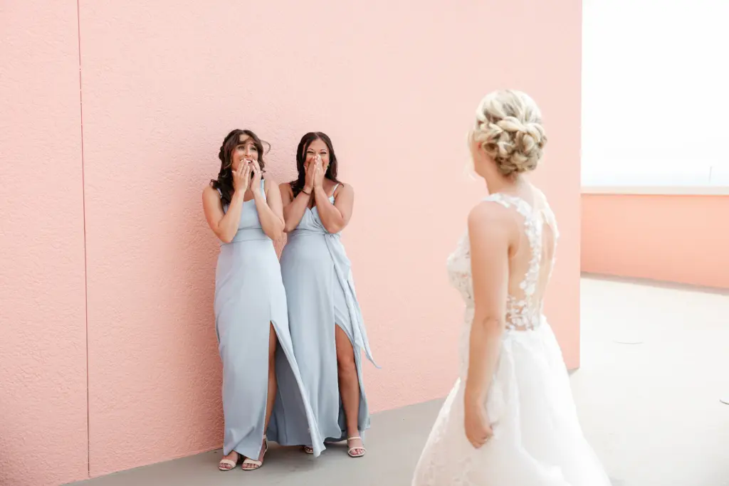 Bride and Bridesmaids First Look in Light Dusty Steel Blue Gown Inspiration
