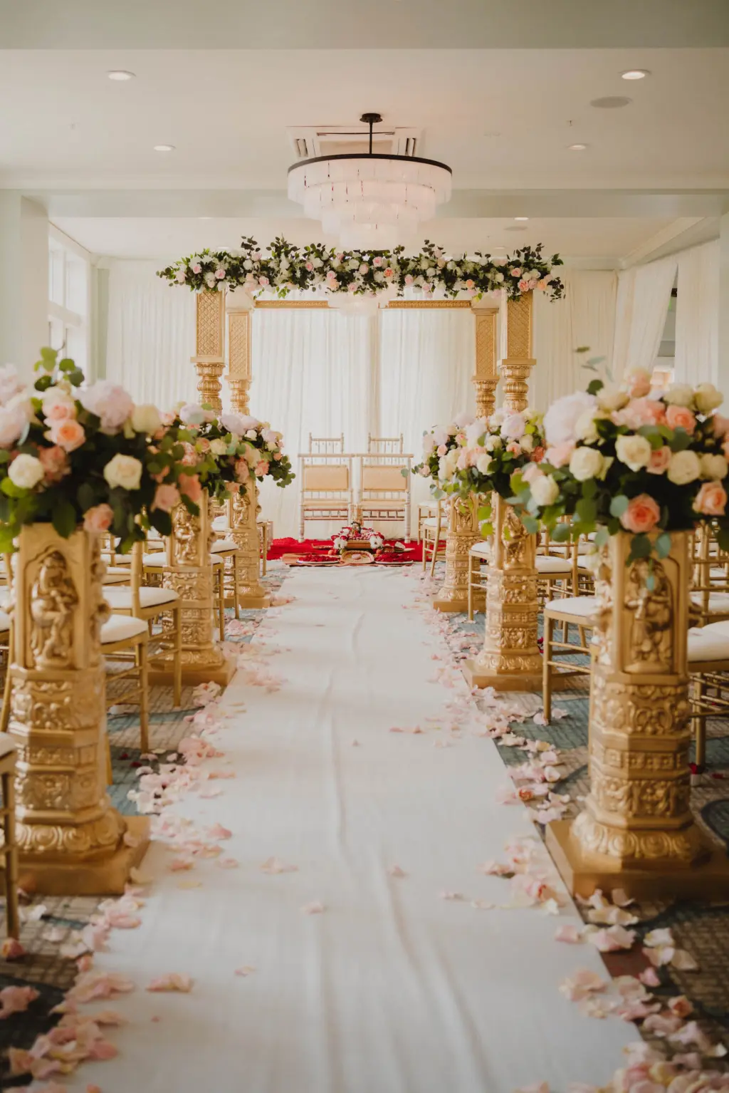Blush and Gold Indian Wedding Ceremony | Gujarati Mandap Altar Inspiration | Pink and White Roses Aisle Decor with Greenery Ideas | Dunedin Venue The Fenway